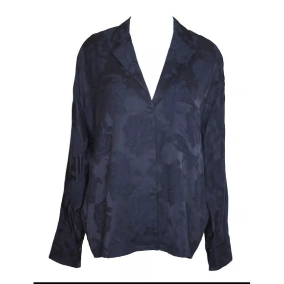 Vince Floral Jacquard Popover Top Oversized Floral Damask Blouse Navy Blue Sz M - Picture 3 of 11